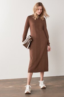 Brown High Neck Knit Midi Dress
