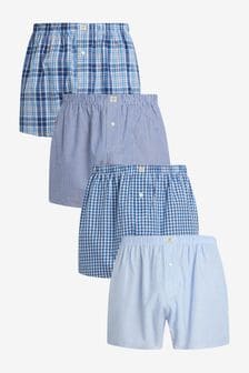 Blue Check Pattern Woven Pure Cotton Boxers 4 Pack
