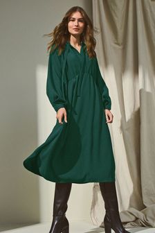 Green Relaxed Fit Crepe Midi Dress