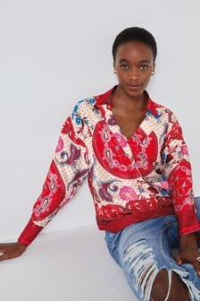 Red Scarf Print Wrap Top