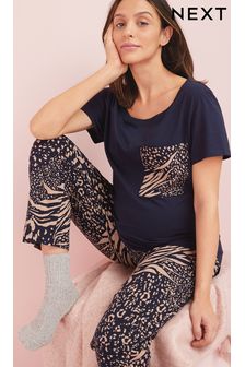 Navy Blue Animal Maternity Cotton Pyjamas