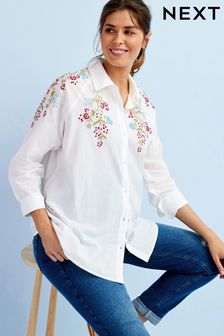 White Maternity/Nursing Embroidered Cotton Shirt