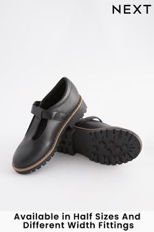 Black Leather School T-Bar Shoes