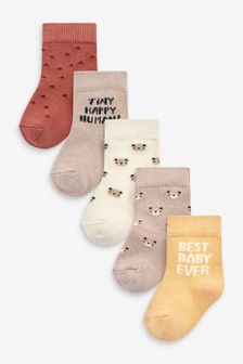 Neutral Brown Slogan Baby 5 Pack Socks (0mths-2yrs)