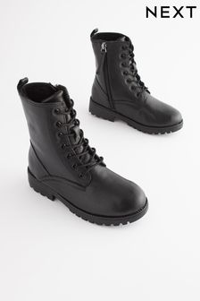 Black Leather Warm Lined Lace Up Boots