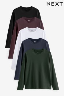 Black/White/Navy Blue/Green/Burgundy Red Long Sleeve T-Shirts 5 Pack