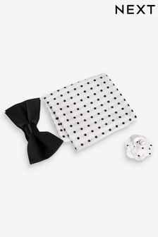 Black/White Spot Bow Tie, Pocket Square And Pin Set