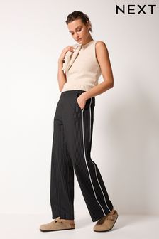 Black Pinstripe Jersey Wide Leg Side Stripe Trousers