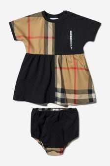 Burberry Kids Baby Girls Black Check Panel Cotton Dress with Bloomers