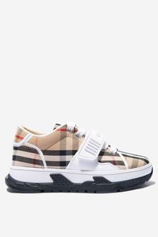 Burberry Kids Unisex Check Union Strap Trainers in Beige