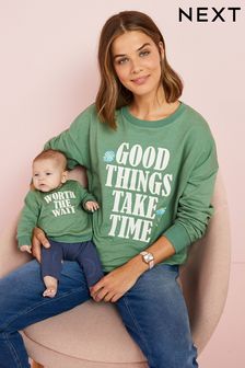 Green Slogan Maternity Mother And Baby Matching Cotton Sweatshirt Set