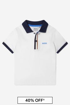 قميص بولو بيكيه قطن أبيض طبعة بشعار للأولاد من Boss Kidswear