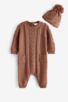 Mink Brown Cable Knit Baby Rompersuit Set (0mths-2yrs)