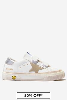 Golden Goose Kids Unisex Leather Suede Star May School Trainers in White