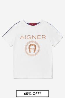 Aigner 보이즈 코튼 저지 로고 프린트 티셔츠 인 화이트