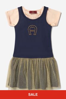 Aigner Girls Cotton Logo Dress And Top Set in Navy