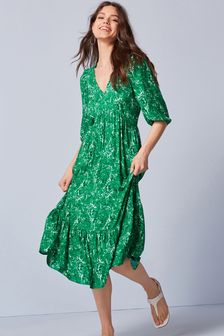 Green Printed Puff Sleeve V-Neck Dress
