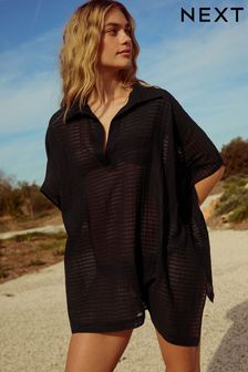 Black Longline Overhead 100% Cotton Shirt Cover-Up