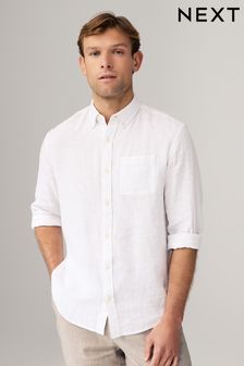 White Cotton Linen Blend Long Sleeve Shirt