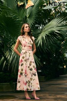Cream White Tropical Print Kew Collection Pleated Mesh Print V-Neck Occasion Midi Dress