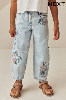 Light Blue Denim 100% Cotton Flower Embroidered Barrel Jeans (3-16yrs)