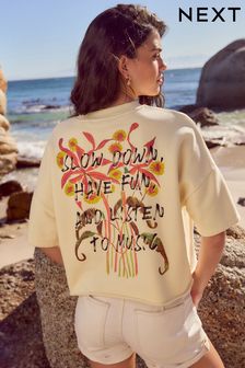 Buttermilk Graphic Slow Music Short Sleeve Crewneck 100% Cotton Sweatshirt