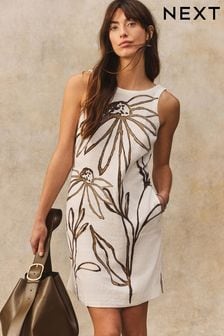 Cream Mono Placement Floral Linen Scoop Back Mini Shift Dress