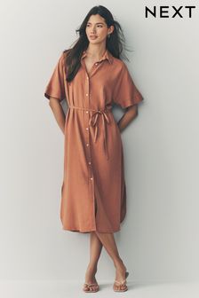 Terracotta Brown Short Sleeve Tie Waist Midi Dress with Linen