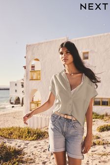 Khaki Green Short Sleeve Shirt With Linen