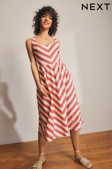 Coral/Ecru Cotton Jersey Midi Summer Dress