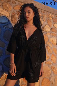 Black Sequin Palm Detail Playsuit