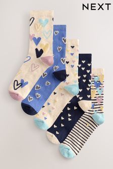Blue/Oatmeal Hearts Ankle Socks 5 Pack