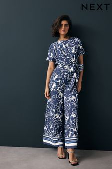 Navy Floral Tie Waist Detail Jumpsuit