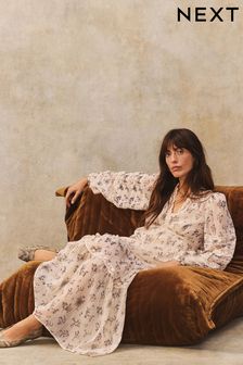 Cream Ditsy Floral Long Sleeve V-Neck Tiered Sheer Lace Boho Midi Dress