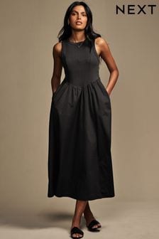 Black Woven Jersey Mix Sleeveless Racer Ribbed Midi Dress