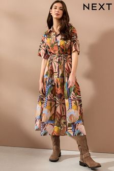 Papaya Fruit Print Short Sleeve Drop Waist 100% Cotton Maxi Shirt Dress
