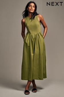 Khaki Green Woven Jersey Mix Sleeveless Racer Ribbed Midi Dress