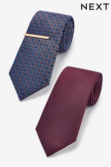 Navy Blue/Rust Brown Geometric Textured Tie With Tie Clip 2 Pack