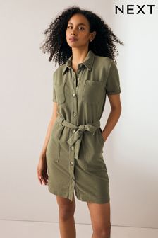 Khaki Green Seersucker Textured Jersey Button Front Belted Utility Shirt Dress