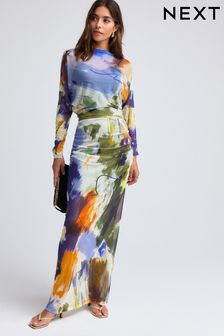 Blue Multi Abstract Print Mesh Batwing Sleeve Maxi Dress