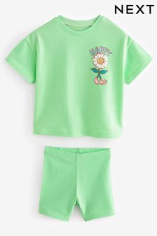 Green/Pink Flower Short Sleeve Top and Shorts Set (3mths-7yrs)
