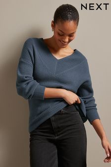 Blue Relaxed Fit Ribbed V-Neck Knitted Jumper