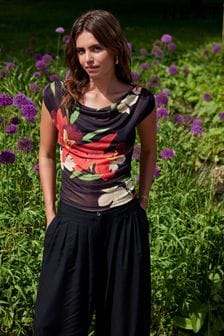 Red/Black Floral Kew Collection Sleeveless Ruched Mesh Top