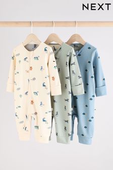 Teal Blue Baby Printed Zip Sleepsuits 3 Pack (0mths-3yrs)