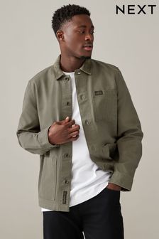 Khaki Green Canvas Chore 100% Cotton Jacket With Corduroy Collar