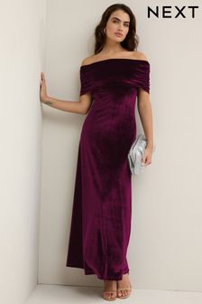 Burgandy Red Bardot Velvet Maxi Dress