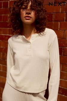 Cream Cosy Ribbed Henly Long Sleeve Top