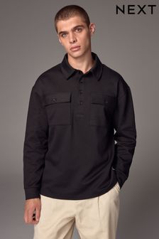 Black Chest Pocket Long Sleeve Rugby Shirt