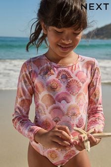 Coral Pink Foil Print Long Sleeve Swimsuit (3-16yrs)