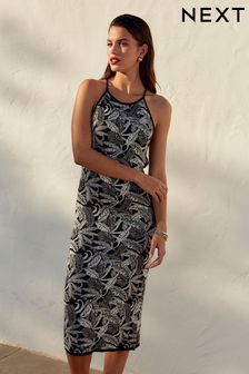 Black/White Floral Jacquard Midi Dress